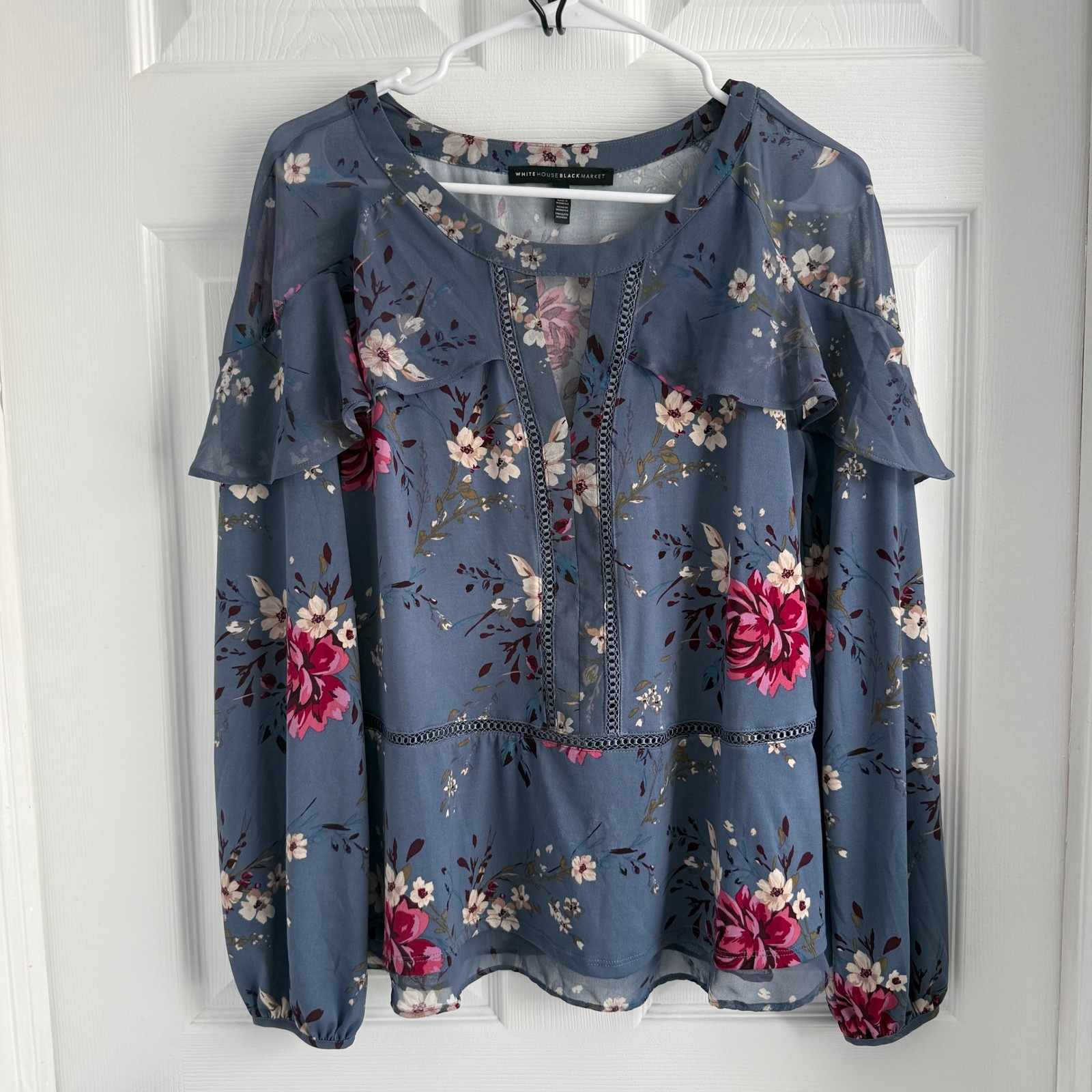 White House Black Market Floral Ruffle Blouse Blue Pink Ladder Lace Top Medium